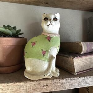 Vintage Distressed Cat Figurine in Green Floral Sweater | Whimsical Folk Art